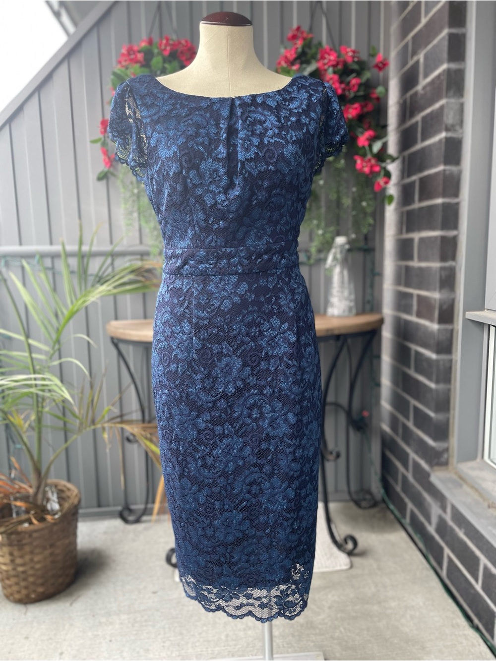 JS Collections Navy Blue Lace Sheath Midi Dress